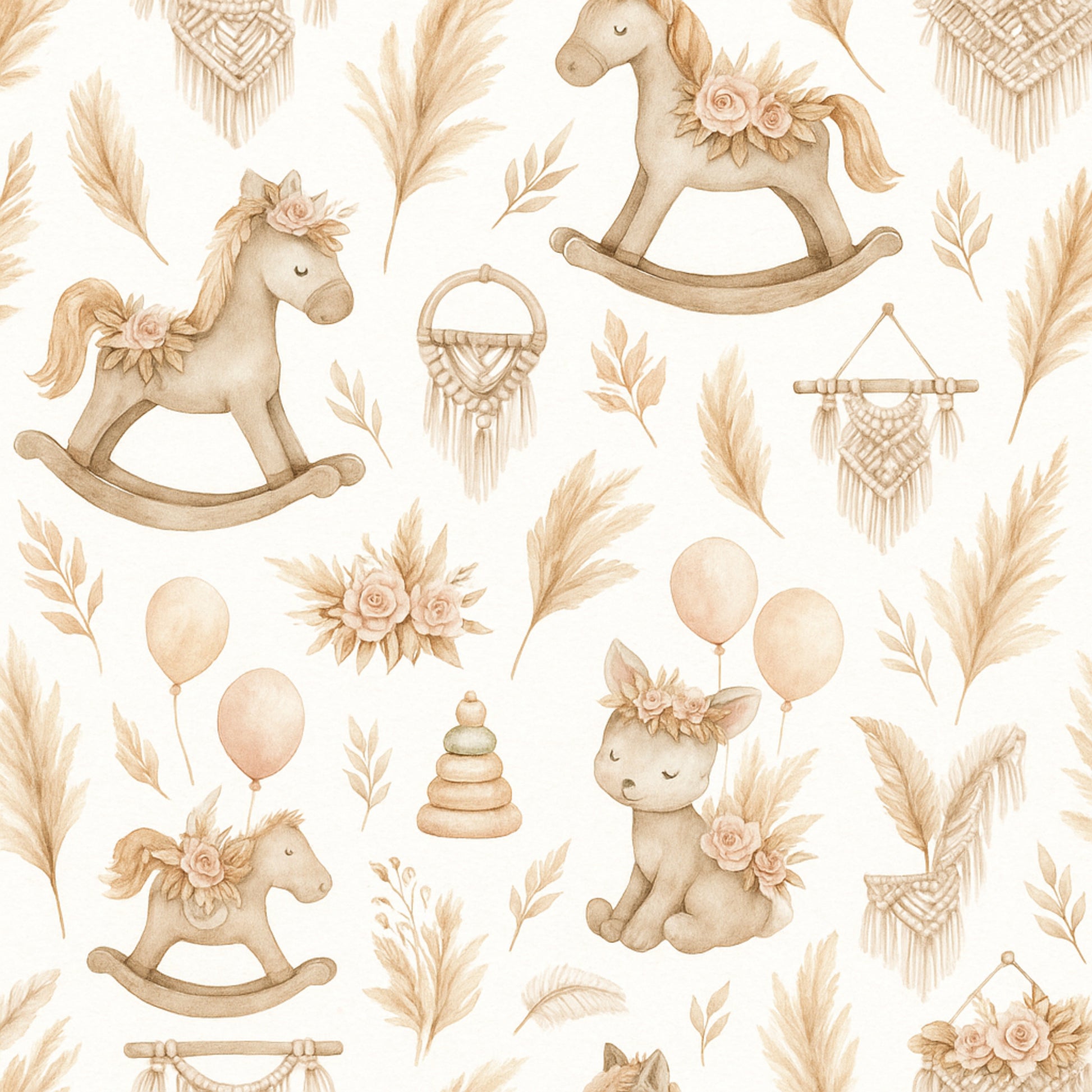 Pattern of rocking horses, flowers, and balloons on a beige background