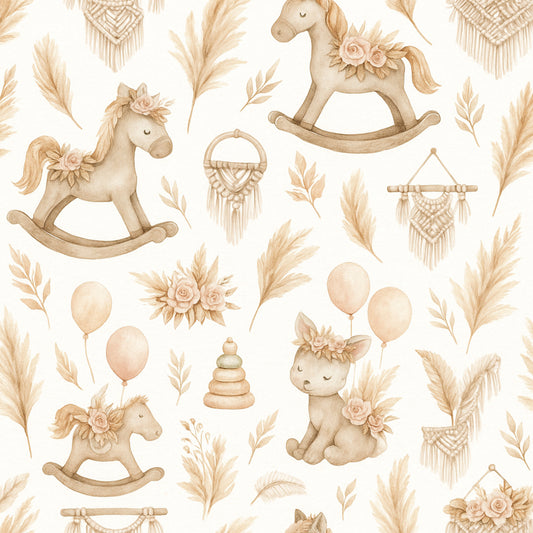 Pattern of rocking horses, flowers, and balloons on a beige background