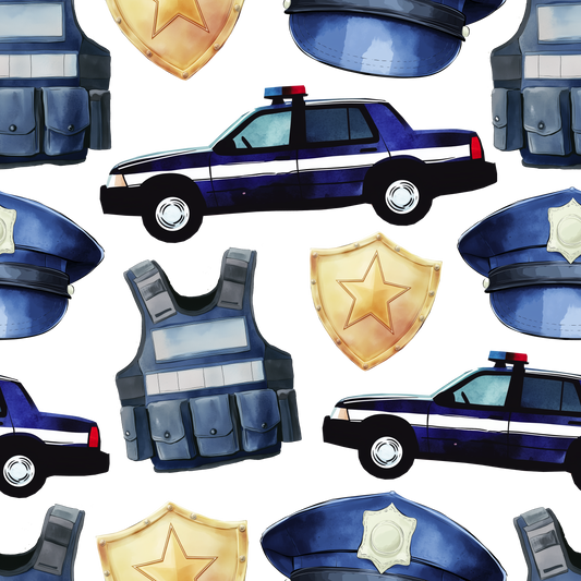 Pattern of police cars, vests, hats, and badges on a white background