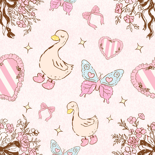 Pattern with ducks, butterflies, and floral elements on a pink background