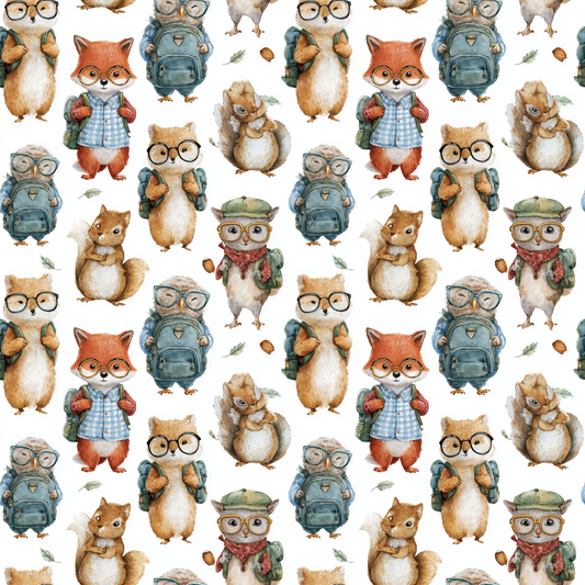 Pattern of cartoon animals like squirrels, foxes, and owls with backpacks and glasses on a white background.