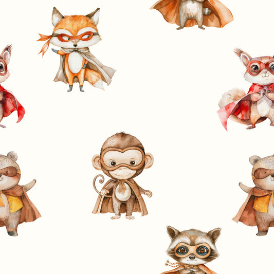 Illustrations of animals in superhero costumes on a white background