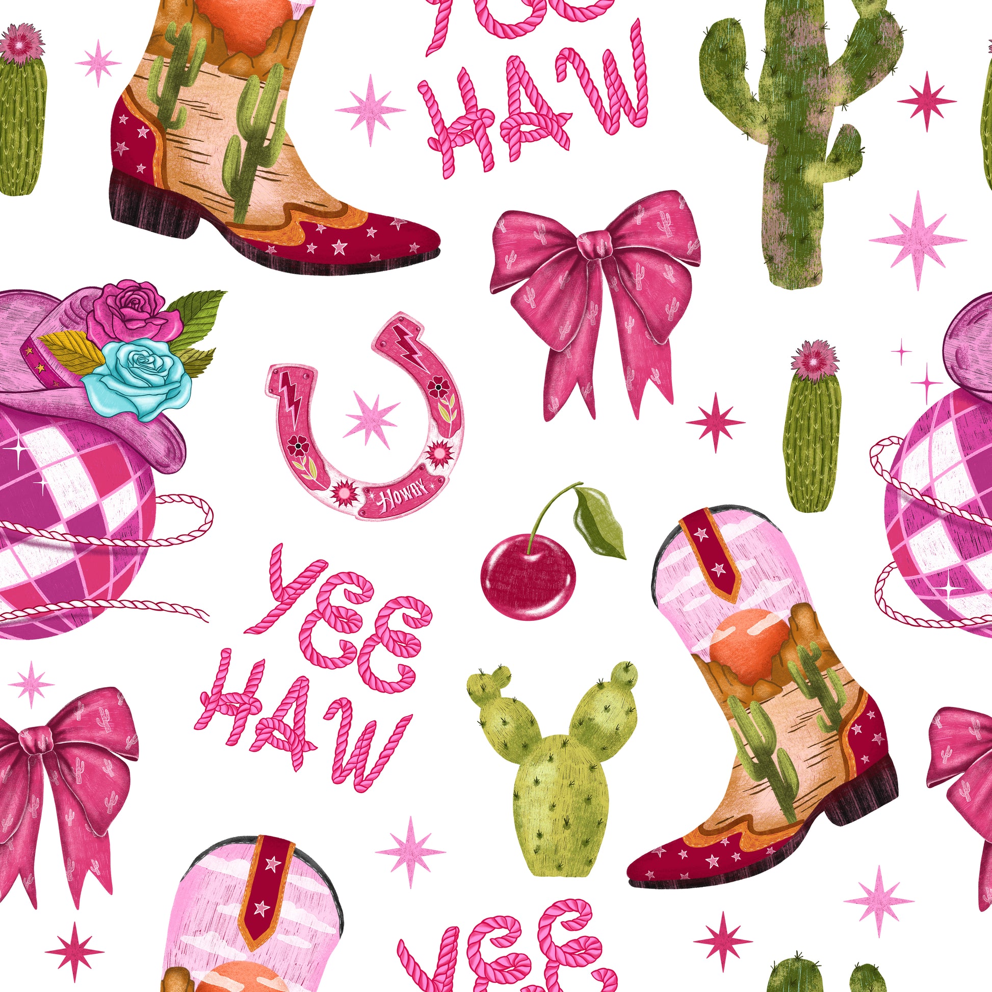 Pattern with cowboy boots, cacti, ribbons, and 'Yee Haw' text on a white background.